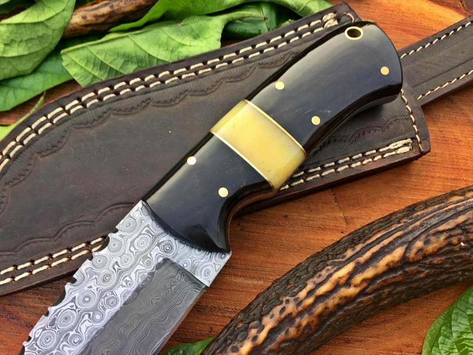 Custom Handmade Raindrop Damascus Steel Hunting Skinning Knife