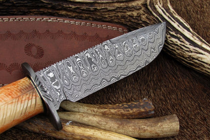 KBS Knives: Custom Handmade Damascus Hunting Knife | 12 Inches | Colored Camel Bone Handle