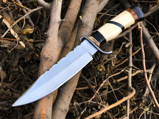 Top Quality Hunting Bowie Knife | D2 Steel Blade | Bone, Buffalo, Wood Handle with Damascus Guard | 13 Inches | Leather Sheath | KBS Knives Store