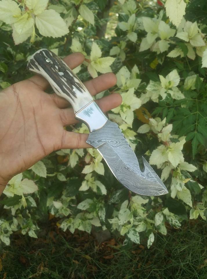 Custom Handmade Damascus Steel Elk Antler Guthook Knife