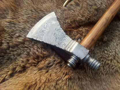 Damascus Steel Handmade Custom Viking Smoke Pine Tomahawk Axe with Rosewood Handle and Leather Sheath - By KBS Knives Store