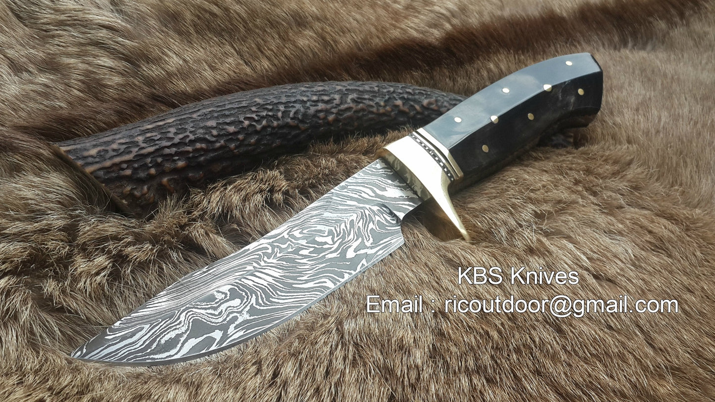 Custom Handmade 9-Inch Damascus Fixed-Blade Hunting Knife with Buffalo Horn Handle & Brass Guard | KBS Knives Store