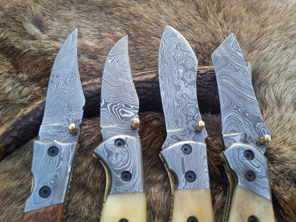 Everyday Carry Deal of 3 Damascus Steel Folding Pocket Knives with Bone and Burl Olivewood Handles – The Trio Edge