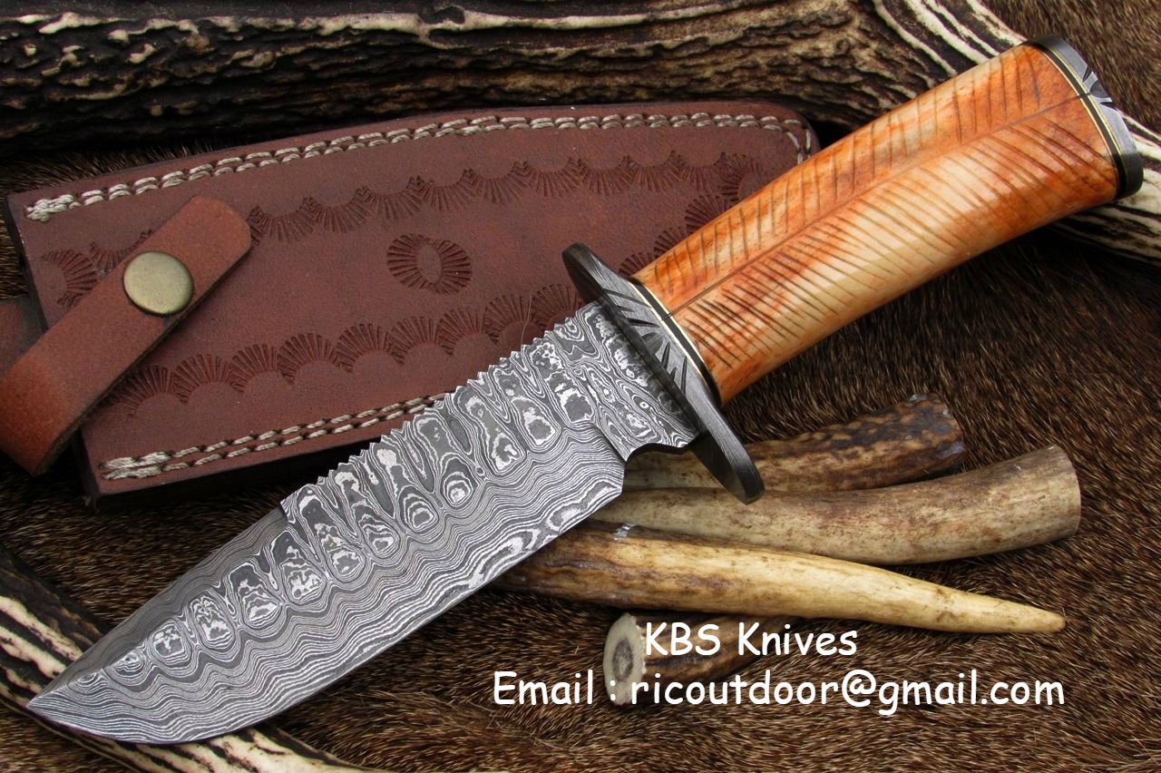 KBS Knives: Custom Handmade Damascus Hunting Knife | 12 Inches | Colored Camel Bone Handle