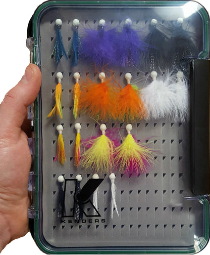 20 PIECE FEATHER/MARABOU JIG KIT WITH LARGE PAD BOX