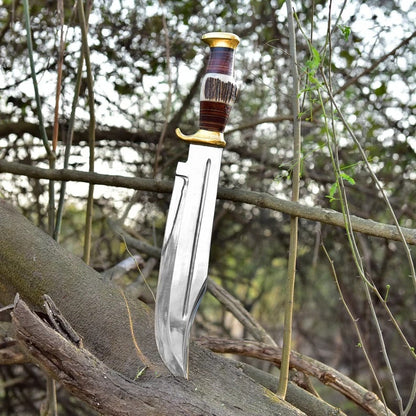 Premium D2 Steel Bowie Knife - 16" Overall, 11" Blade, Antler Horn Handle, Stacked Leather & Brass Guards