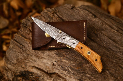 Hand Engraved Custom Damascus Steel EDC Folding Pocket Knife | 3-Inch Blade, Olive Wood Handle, Leather Case | Gift Idea