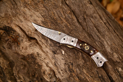 Custom Handmade Damascus Steel EDC Folding Pocket Knife – 3-Inch Blade, Sheep Horn Handle, Leather Case – Perfect Wedding Gift by KBS Knives