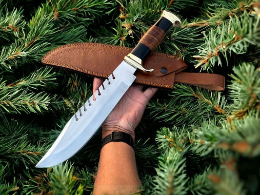Frontier Legend Bowie Knife – Custom Handmade D2 Steel Blade with Stacked Leather Handle, 16" Overall Length