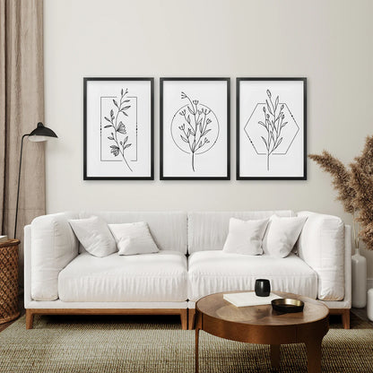 Minimal Flower Line Art: Black White Wall Art Set