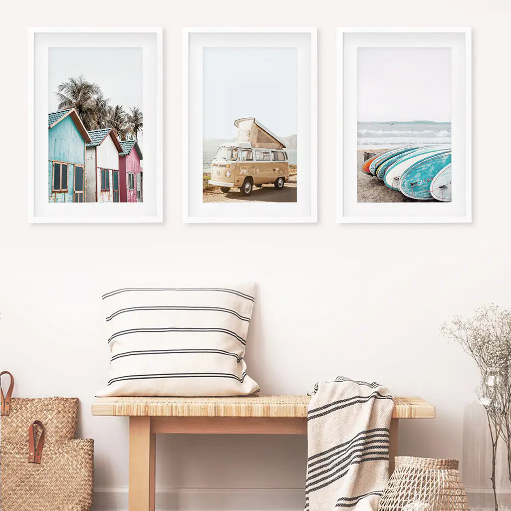 Summer Surfing Wall Art Set. Yellow Bus, Surfboards, Beach Cabins