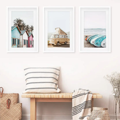 Summer Surfing Wall Art Set. Yellow Bus, Surfboards, Beach Cabins