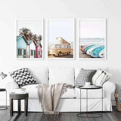 Summer Surfing Wall Art Set. Yellow Bus, Surfboards, Beach Cabins