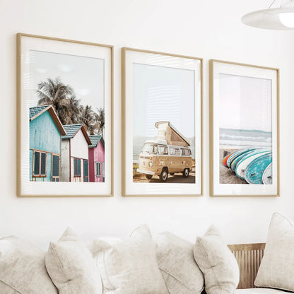 Summer Surfing Wall Art Set. Yellow Bus, Surfboards, Beach Cabins