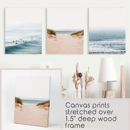 Modern Beach Set of 3 Posters. Sandy Beach, Waves, Surfers