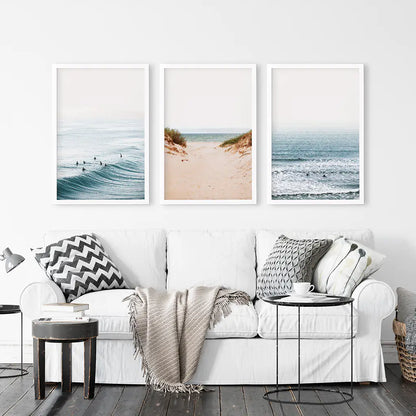 Modern Beach Set of 3 Posters. Sandy Beach, Waves, Surfers