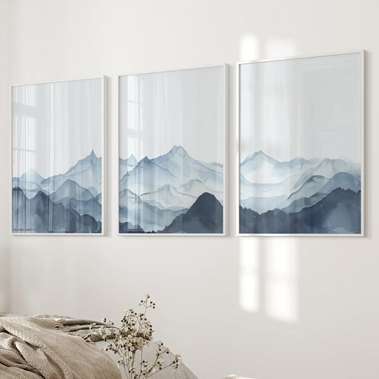Blue Abstract Watercolor Mountain 3 Piece Decor