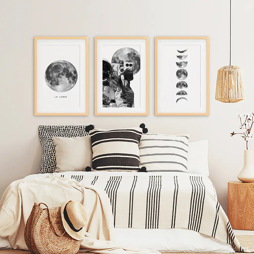 Modern Black White Moon Phases Wall Art Set of 3