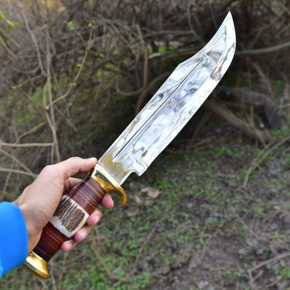 Premium D2 Steel Bowie Knife - 16" Overall, 11" Blade, Antler Horn Handle, Stacked Leather & Brass Guards