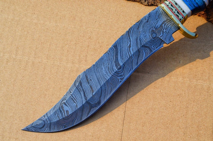 The Masterpiece Bowie: 14-Inch Damascus Steel Bowie Knife with Exotic Pakka Wood, Bone, Brass Guard, and Spacers