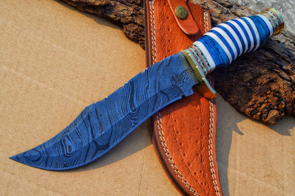 The Masterpiece Bowie: 14-Inch Damascus Steel Bowie Knife with Exotic Pakka Wood, Bone, Brass Guard, and Spacers
