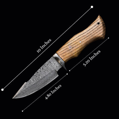 The Wilderness Elegance: 10-Inch Hunting Knife with Damascus Steel Blades, Walnut Wood Handle, and Damascus Guard