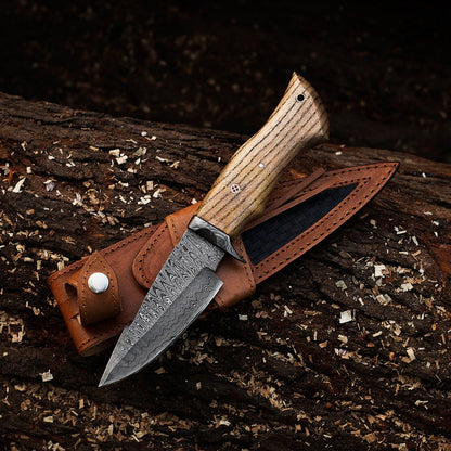 The Wilderness Elegance: 10-Inch Hunting Knife with Damascus Steel Blades, Walnut Wood Handle, and Damascus Guard