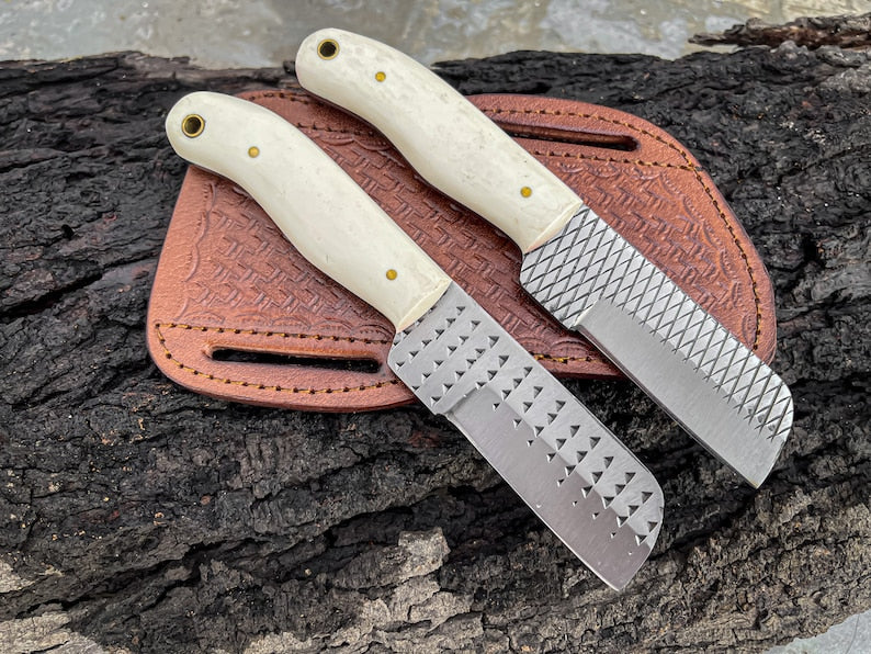 Bull Cutter Knife For Sale, 8.25-Inch Knife with Rasp Tool Steel Full Tang Blade, Bone Handle, and Leather Sheath