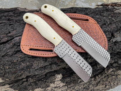 Bull Cutter Knife For Sale, 8.25-Inch Knife with Rasp Tool Steel Full Tang Blade, Bone Handle, and Leather Sheath