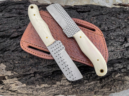Bull Cutter Knife For Sale, 8.25-Inch Knife with Rasp Tool Steel Full Tang Blade, Bone Handle, and Leather Sheath