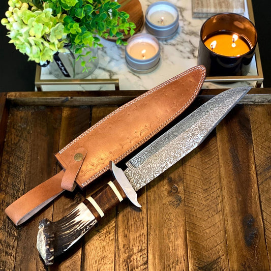 The Ultimate Big Bowie Knife for Sale - 15-Inch Damascus Steel Blade, Bone, Rosewood, Stag horn, Steel Guard Handle, Leather Sheath - KBS Knives Store