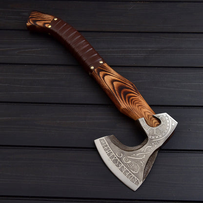Viking Tomahawk for Sale - Engraved 1095 Forged Steel Blade, Ash Wood Handle with Leather Wrap, Leather Sheath - KBS Knives Store