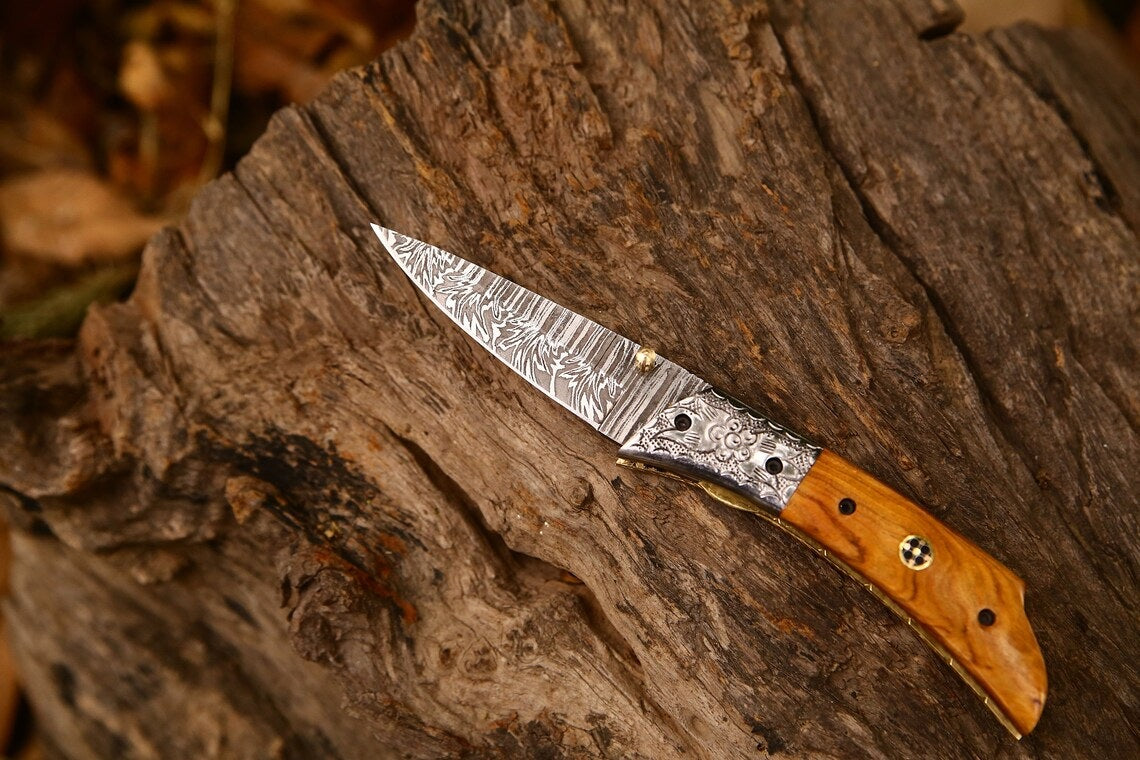 Hand Engraved Custom Damascus Steel EDC Folding Pocket Knife | 3-Inch Blade, Olive Wood Handle, Leather Case | Gift Idea