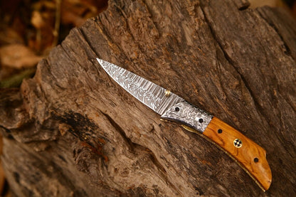 Hand Engraved Custom Damascus Steel EDC Folding Pocket Knife | 3-Inch Blade, Olive Wood Handle, Leather Case | Gift Idea