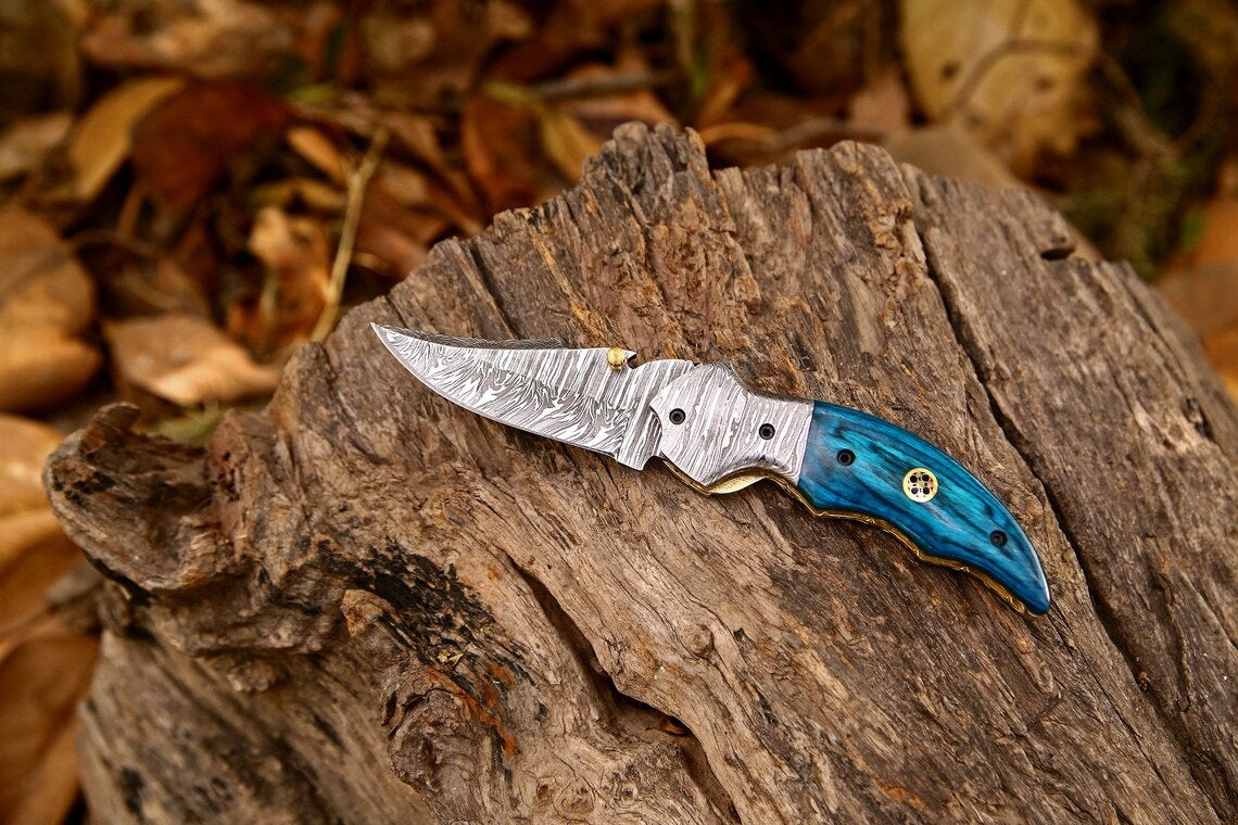 Custom Handmade Damascus Steel EDC Folding Pocket Knife – Exotic Wood Handle, 3-Inch Blade, Leather Case – Ideal Wedding Gift