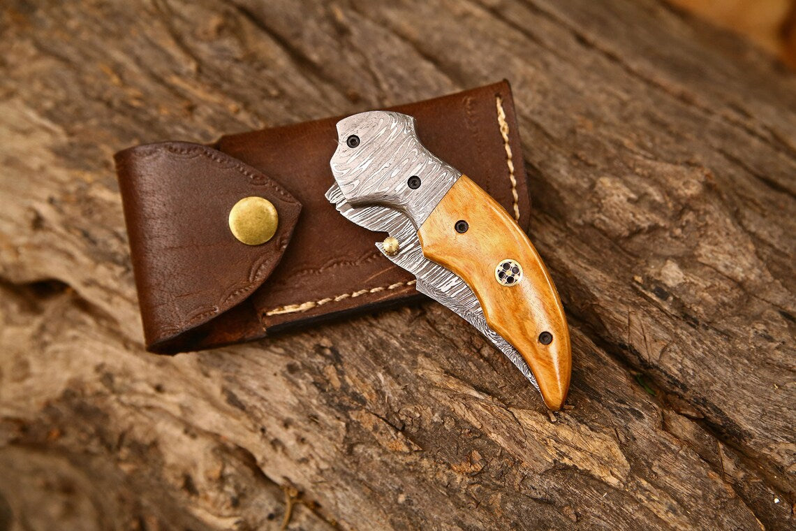 Custom Handmade Damascus Steel EDC Folding Pocket Knife | 3-Inch Blade, Colored Bone Handle, Leather Case | Ideal Gift for Any Occasion by KBS Knives
