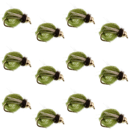 Bead Head LaFontaine Olive Deep Sparkle Caddis Pupa - 12 Flies Size 12