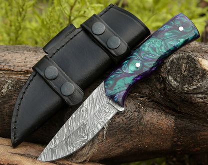 Custom Handmade Damascus Steel Hunting Knife with Epoxy Resin Handle and Leather Sheath - 8.5 Inches by KBS Knives Store
