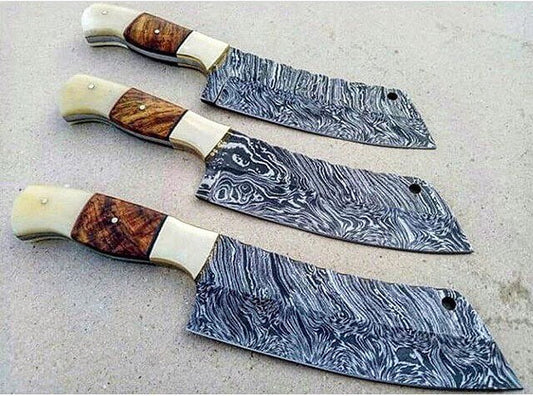 3 Damascus Steel Cleaver Knives