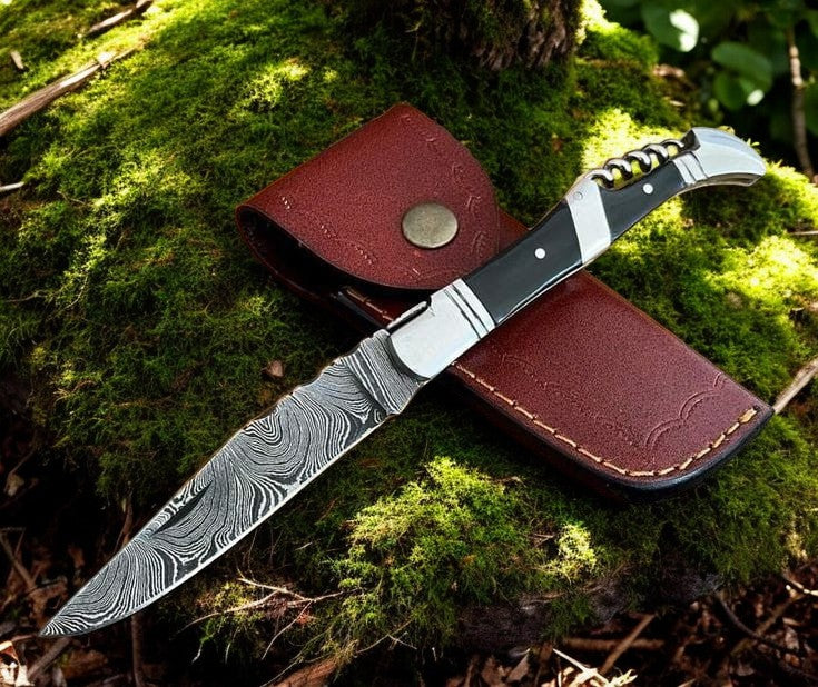 Champion Folding Pocket Knife: Damascus Steel with Buffalo Horn Handle