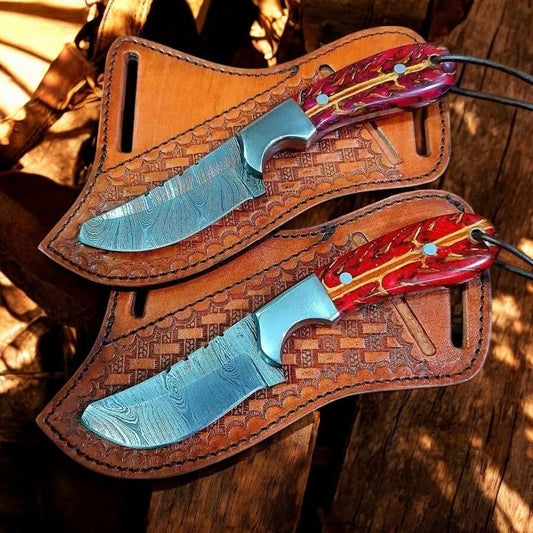 8" Damascus Ranch Knives and sheaths with Epoxy Pine Cone