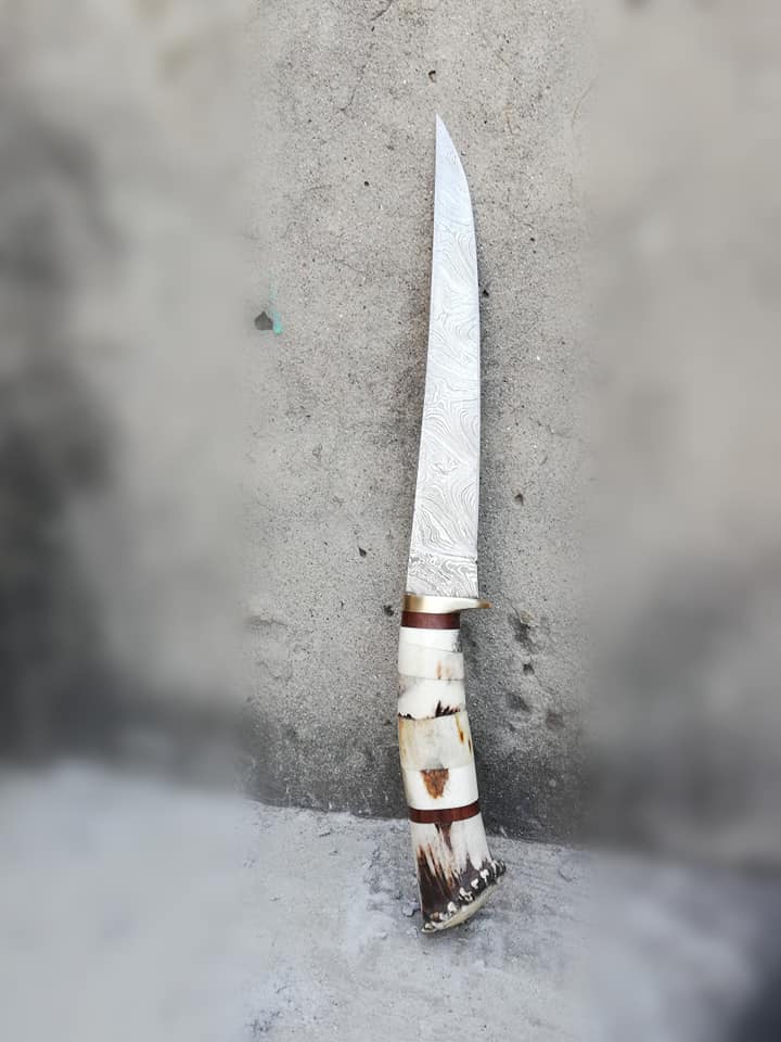 Damascus Steel Handmade Fillet Boning Knife with Stag Horn, Bone and Brass Finger Guard Handle, 12-Inch Overall Length