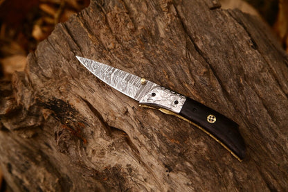Hand Engraved Custom Damascus Steel EDC Folding Pocket Knife | 3-Inch Blade, Wenge Wood Handle, Leather Case | Anniversary Gift Idea