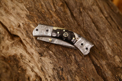 Best Custom Handmade Damascus Steel EDC Folding Pocket Knife | 3-Inch Blade, Sheep Horn Handle, Leather Case | Ideal Gift for Any Occasion by KBS Knives