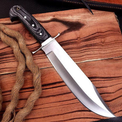 Wild Frontier: Hunting Bowie Knife with D2 Steel Blade, Exotic Wood Handle, Steel Guard, and Leather Sheath