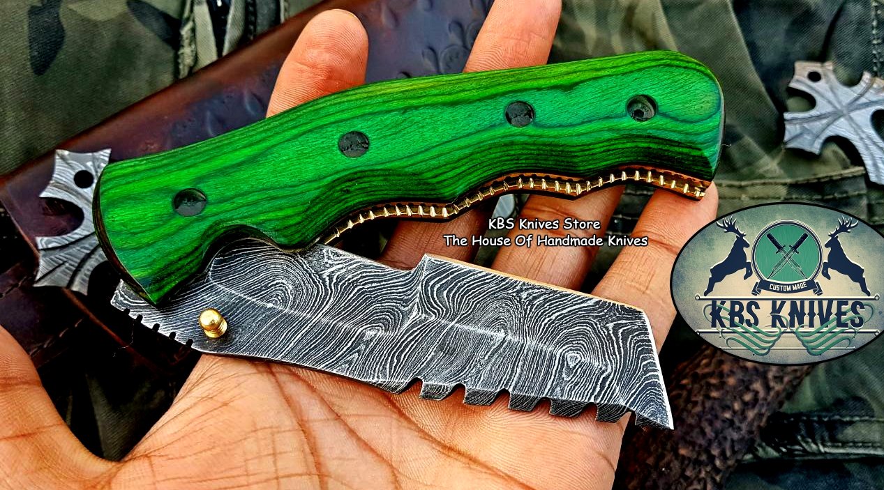 Custom Handcrafted Damascus Steel Tops Tanto Tactical Tracker Folding Knife - Ideal for Survival, Camping & Tactical Use | KBS Knives