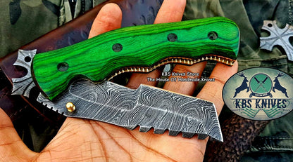 Custom Handcrafted Damascus Steel Tops Tanto Tactical Tracker Folding Knife - Ideal for Survival, Camping & Tactical Use | KBS Knives