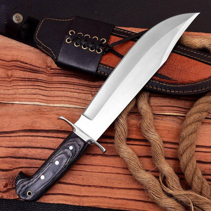 Wild Frontier: Hunting Bowie Knife with D2 Steel Blade, Exotic Wood Handle, Steel Guard, and Leather Sheath
