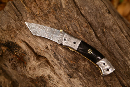 New Custom Handmade Damascus Steel Tanto Blade EDC Folding Pocket Knife | 3-Inch Blade, Buffalo Horn Handle, Leather Case | Perfect Gift by KBS Knives