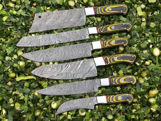 Artisanal Excellence: 6-Piece Kitchen Knives Set with Twist Damascus Steel Blades, Exotic Wood Handles, and Leather Roll